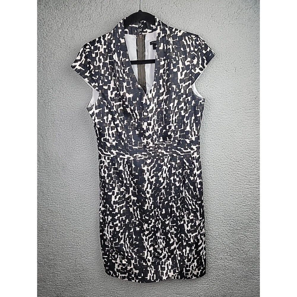 Ann Taylor Dress Womens 8 Black Brown Cream Geometric V-Neck Corpcore Siren
